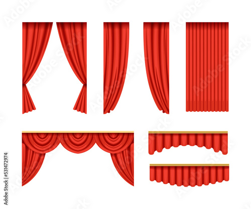 Red silk velvet curtains and draperies set. Luxury interior decor, theater opera stage drapery vector illustration