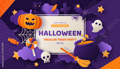Happy Halloween party poster. Frame, night clouds, pumpkin in paper cut style. Vector illustration. Witch cauldron, spider web, flying ghost bat. Place for text. Brochure layout template background