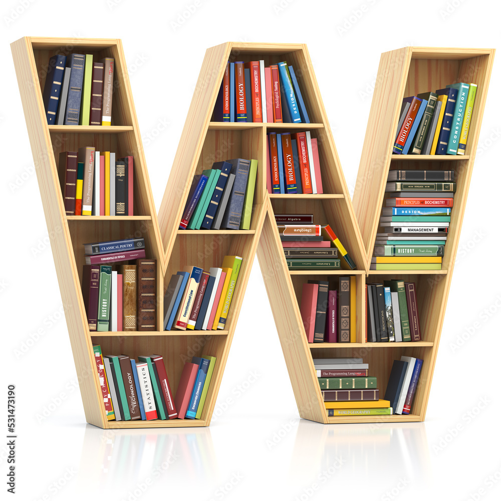 Letter W in form of bookshelf with book and texbooks. Educational and learning conceptual font and alphabet.