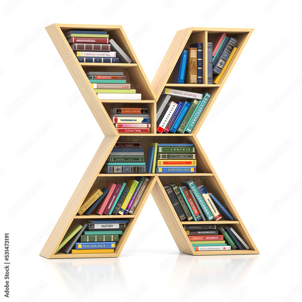 Letter X in form of bookshelf with book and texbooks. Educational and learning conceptual font and alphabet.