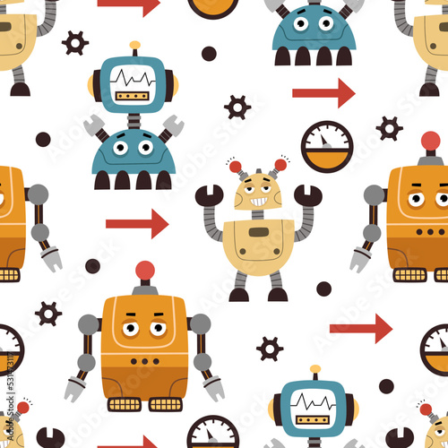 Seamless childish pattern with cartoon robots, decor elements. vector. hand drawing. baby design for fabric, textile, print, wrapper