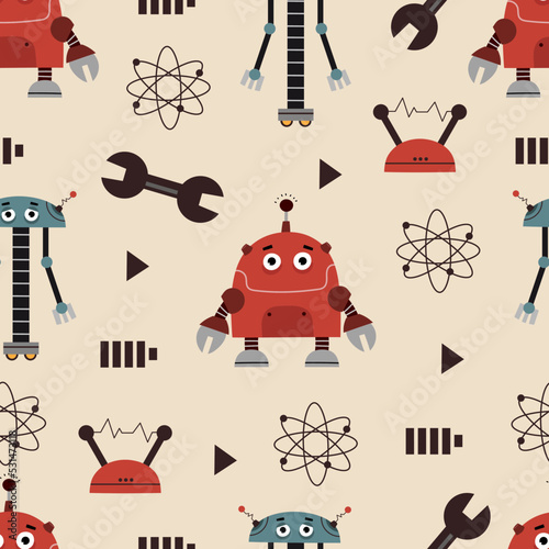 Seamless childish pattern with cartoon robots, decor elements. vector. hand drawing. baby design for fabric, textile, print, wrapper