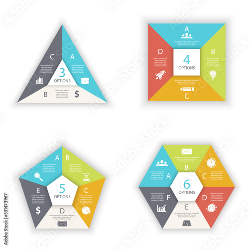 Polygonal infographic template for round diagram, graph, web design and chart. Business concept with 3, 4, 5, 6 steps, options or processes. Abstract background.