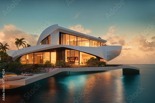 Luxurious futuristic mansion by the sea