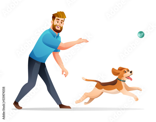 Cheerful man playing with his dog cartoon illustration