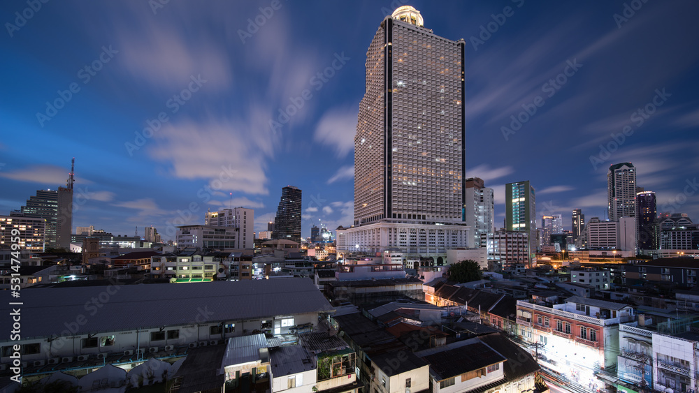 Bangkok Thailand silom bang rak evening in the blue hour.
