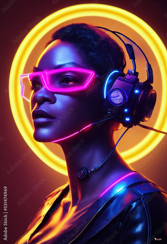 A realistic portrait of a ebony girl wearing a cyberpunk headset and ...