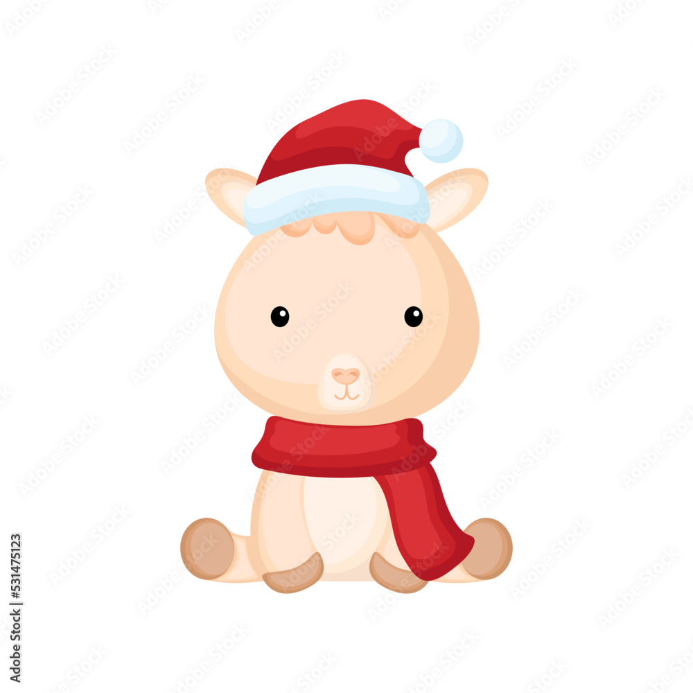 Cute little alpaca sitting in a Santa hat and red scarf. Cartoon animal character for kids t-shirts, nursery decoration, baby shower, greeting card, invitation. Isolated vector stock illustration Cute little alpaca sitting in a Santa hat and red scarf. Cartoon animal character for kids t-shirts, nursery decoration, baby shower, greeting card, invitation. Isolated vector stock illustration