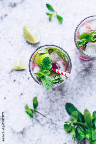 Summer refreshing drink with rhubarb, lemon and mint © Nelli Kovalchuk