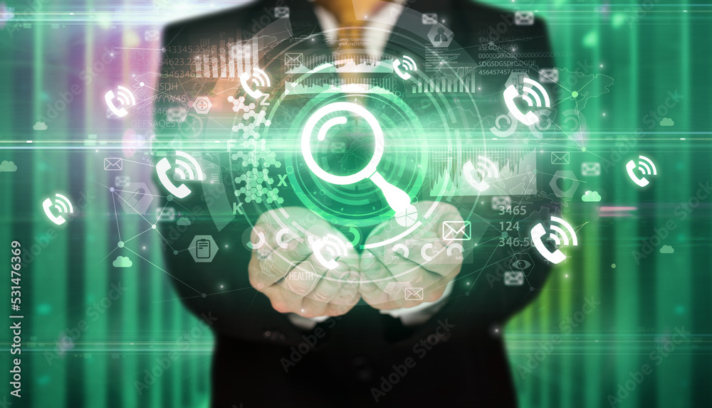 Businessman holding technology icon concept Businessman holding technology icon concept