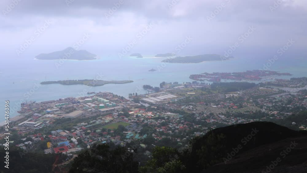 View of Mahe Island in fog, Seychelles View of Mahe Island in fog, Seychelles