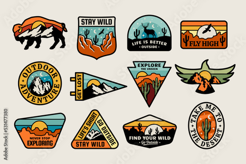 Set of vector outdoor adventure badges. Graphics for t-shirt prints, stickers, posters and other uses.