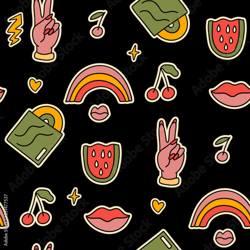 70s 80s groovy retro seamless vector pattern. Cartoon rainbow, music cherry hand sticker retro summer psychedelic funky cute background