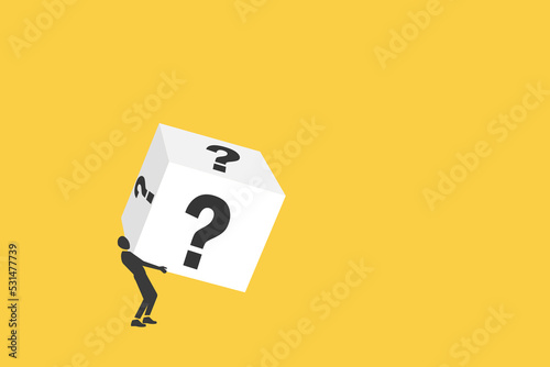 Man carrying heavy boxes with question mark sign.
