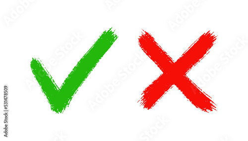 Grunge hand drawn tick check and cross mark. Brush drawn symbols OK, YES and NO, X. Tick V and cross X for check box. True and false icons. Vector illustration isolated on white background. photo
