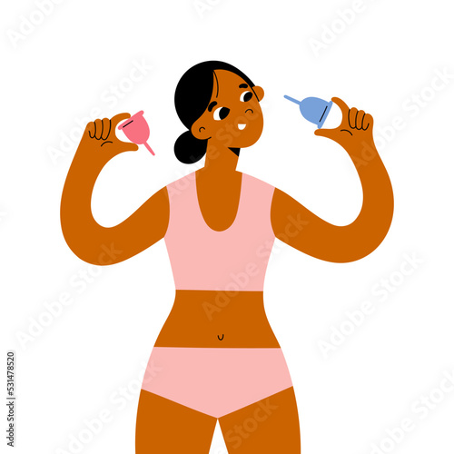 Woman with menstrual cups, young woman in comfortable lingerie holding menstrual cups, comparing, choosing between 2 sizes, vector illustration isolated on white background, stylized cartoon character