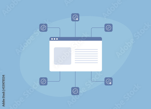 Link Building - Website SEO strategy concept. Organic natural and paid backlinks digital marketing illustration with website page and external outreach seo links icons