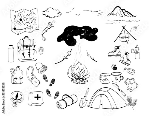 Hiking gear  set vector hand drawn doodles illustration, travel accessories and equipment