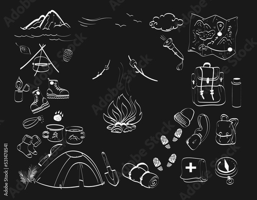 Hiking gear  set vector hand drawn doodles illustration, travel accessories and equipment