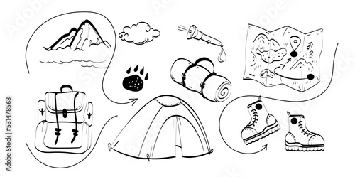 Hiking gear  set vector hand drawn doodles illustration, travel accessories and equipment