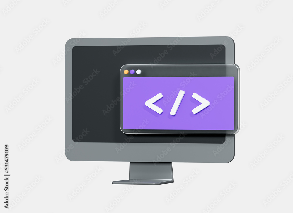 3D Computer monitor and program code development. Web coding concept. Website programming. Realistic elements. Cartoon creative design icon isolated on white background. 3D Rendering 3D Computer monitor and program code development. Web coding concept. Website programming. Realistic elements. Cartoon creative design icon isolated on white background. 3D Rendering
