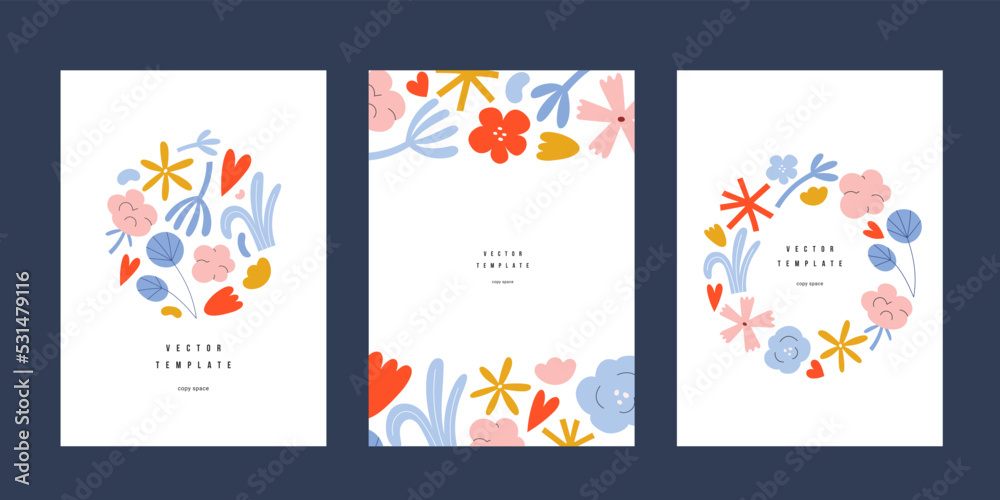 Vertical posters with abstract flower design, contemporary poster templates with copy space, minimalist aesthetic, leaf, floral elements, shapes. Good for print design, cover, card.