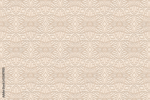 Embossed light background, ethnic decorative floral cover design. Geometric 3D pattern, press paper, handmade style. Tribal ornamental themes of the East, Asia, India, Mexico, Aztecs, Peru. 
