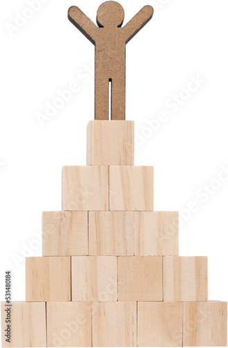 People model stand on wood cube  set in pyramid shape isolated on white background with clipping path successful concept