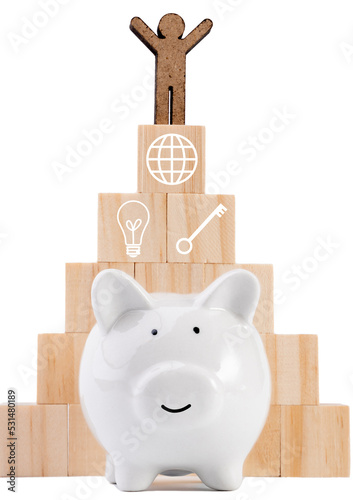 People model stand on wood cubes pyramid and piggy bank isolated on white background ,saving and invesment concept