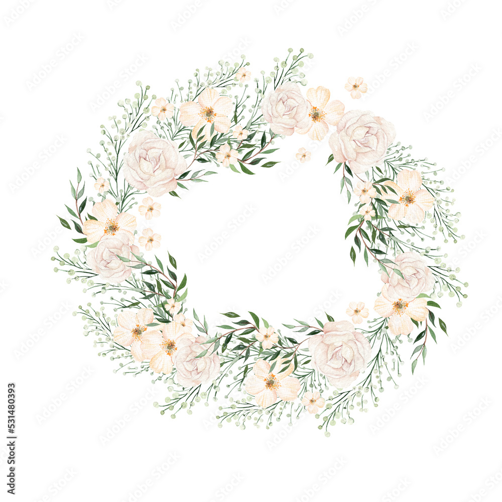 Watercolor wreath with different flowers and leaves. Illustration