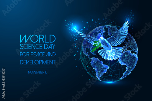 World science day for peace and development banner concept with planet Earth and Dove on dark blue