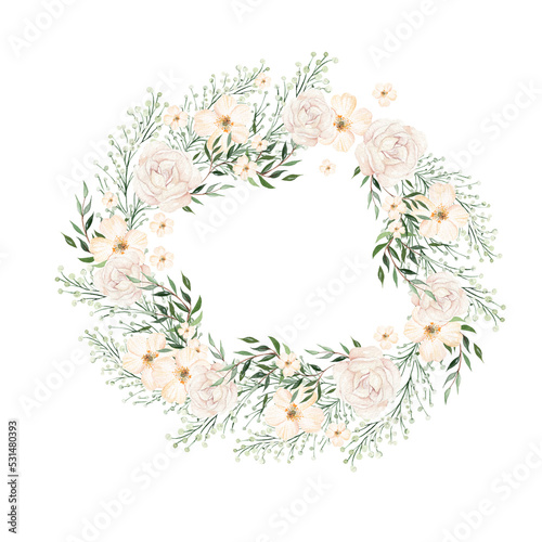 Watercolor wreath with different flowers and leaves. Illustration