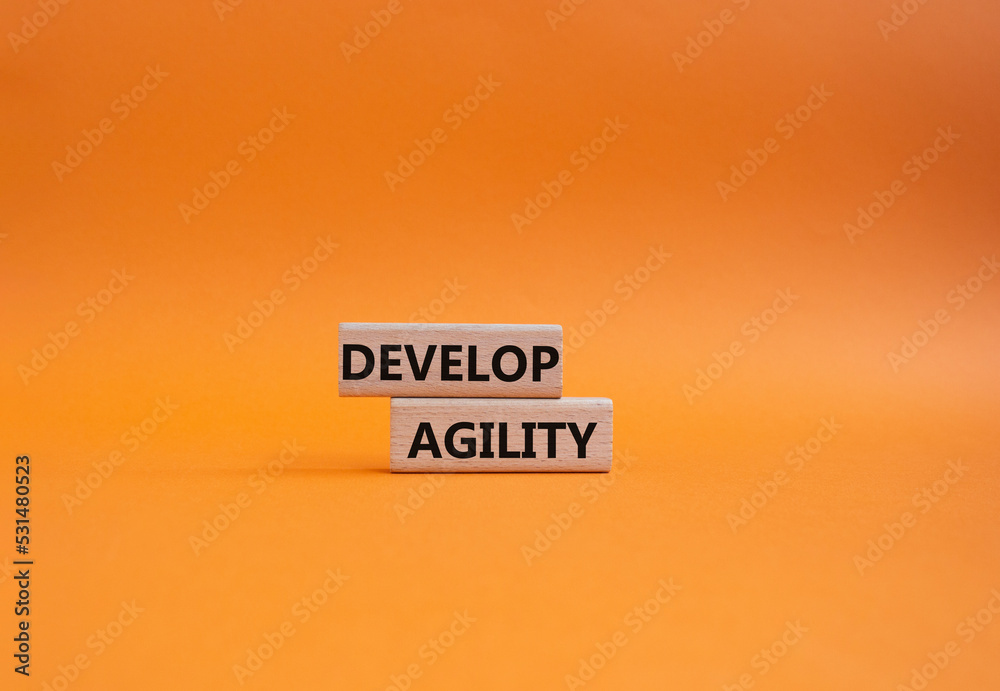 Develop agility symbol. Concept word Develop agility on wooden blocks. Beautiful orange background. Business and Develop agility concept. Copy space