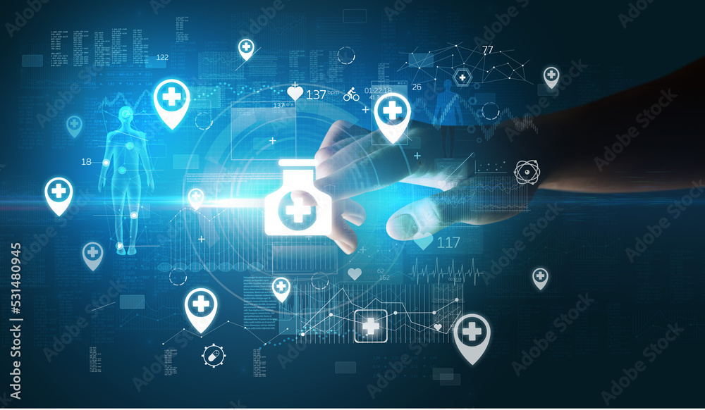 Doctor hand pressing futuristic health device with medical symbol on screen Doctor hand pressing futuristic health device with medical symbol on screen