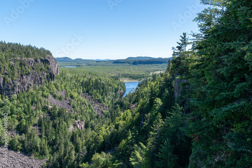 The sun shines over Ouimet Canyon north of Lake Superior in Ontario.