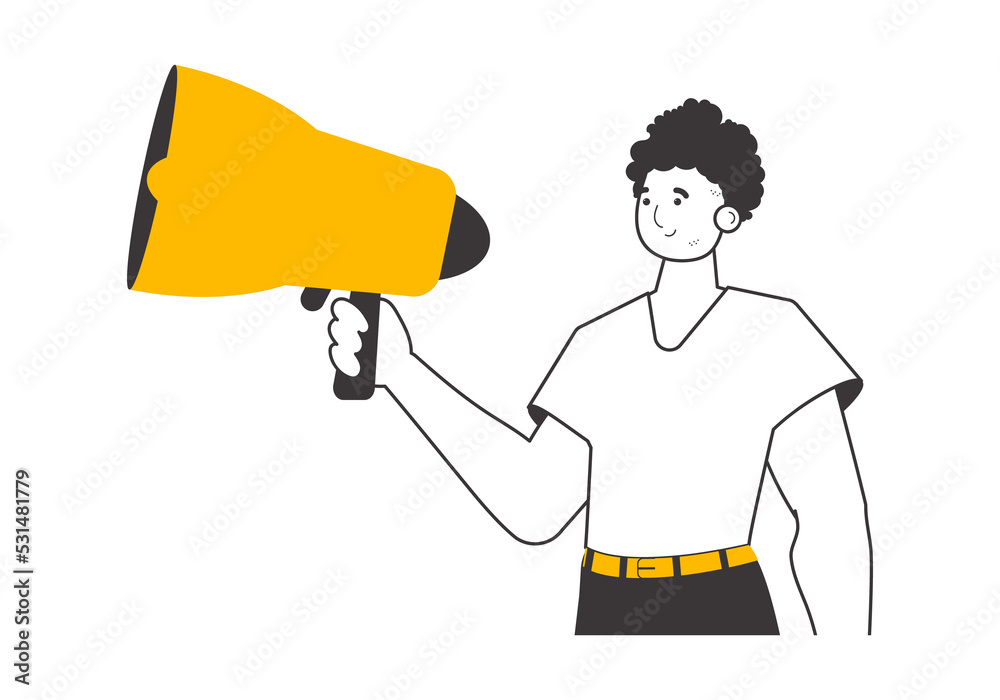 The guy is holding a bullhorn in his hands. Linear trendy style. The guy is holding a bullhorn in his hands. Linear trendy style.