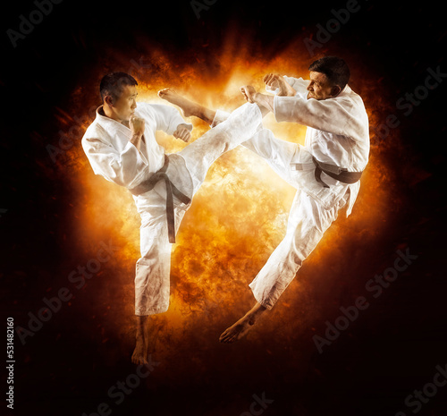 Martial arts masters. Flame background photo
