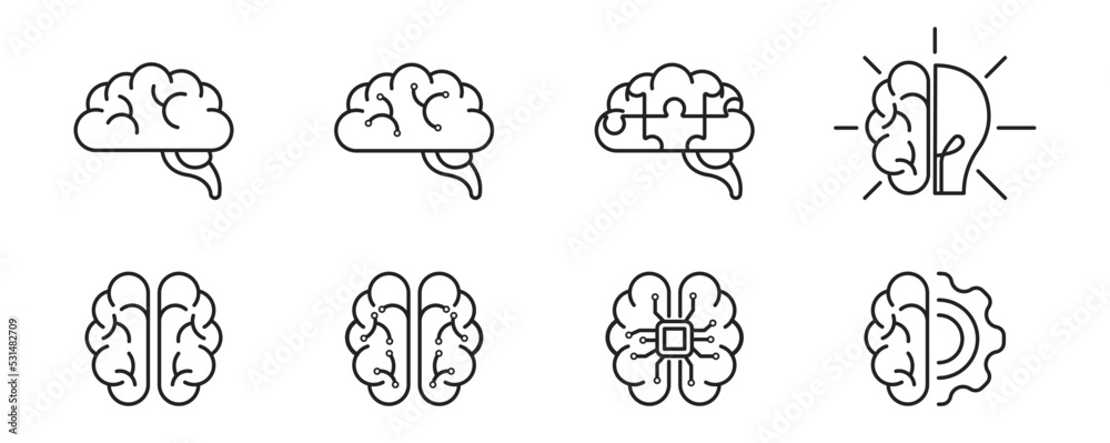 Human brain linear icon set. Brain with lamp, gear, puzzles. Creativity, development, new idea concept. Vector EPS 10
