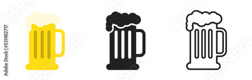 Glass of beer icon set. Black, linear and yellow. Vector EPS 10