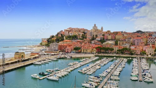 Aerial view Porto Maurizio with rich yachts water transport ships in city port marina landscape panorama of Europe from above picturesque small village in Liguria Italy famous luxury touristic place photo