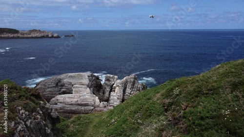 Landscape coastal whit seagull in cantabrian sea drone view photo