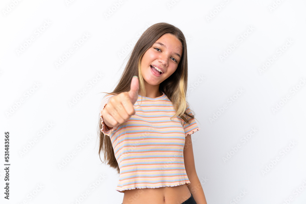 Little caucasian girl isolated on white background with thumbs up because something good has happened Little caucasian girl isolated on white background with thumbs up because something good has happened
