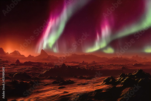 Aurora borealis on mars, landscape on planet Mars, scenic desert on the red planet, 3d space illustration 