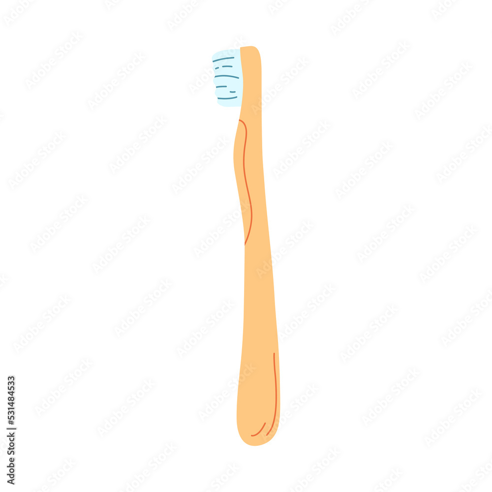Hand drawn wooden toothbrush for brushing teeth in cartoon flat style. Vector illustration of dental supplies, dental care concept, oral hygiene Hand drawn wooden toothbrush for brushing teeth in cartoon flat style. Vector illustration of dental supplies, dental care concept, oral hygiene