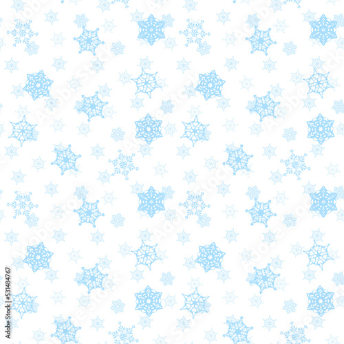 Little filligree watercolor snowflakes in blue colors on white background. Hand drawn painted aquarelle illustrated seamless pattern for wrapping paper and cards for New year, christmas and X-mas 