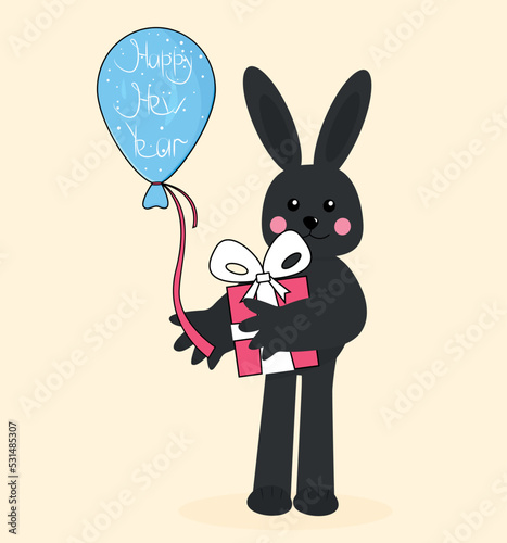 christmas black rabbit with gift and balloon with text happy new year Vector Greeting card Template for printing
