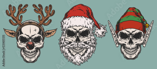 Set Christmas skulls colorful emblems