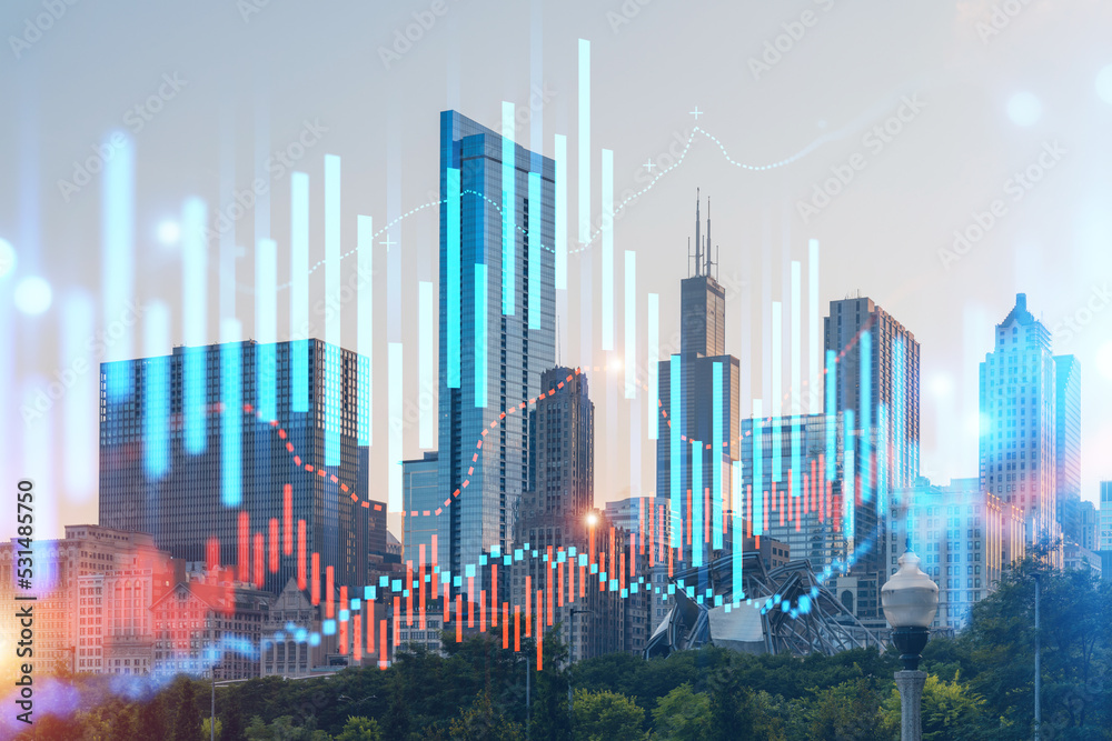 Skyscrapers Cityscape Downtown View, Chicago Skyline Buildings. Beautiful Real Estate. Sunset. Forex Financial graph and chart hologram. Business education concept.