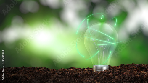 The green world map is on a light bulb that represents renewable energy and sustainable energy sources 3D illustration photo
