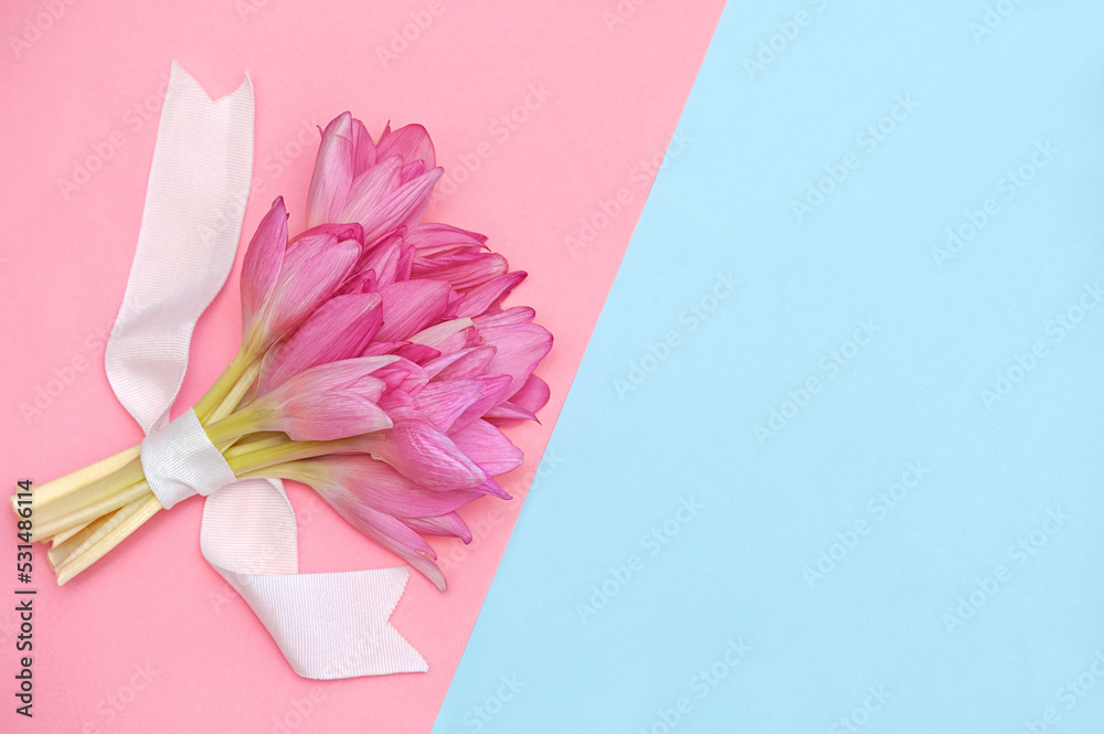 Floral colorful background in blue and pink colors, place for text and congratulations